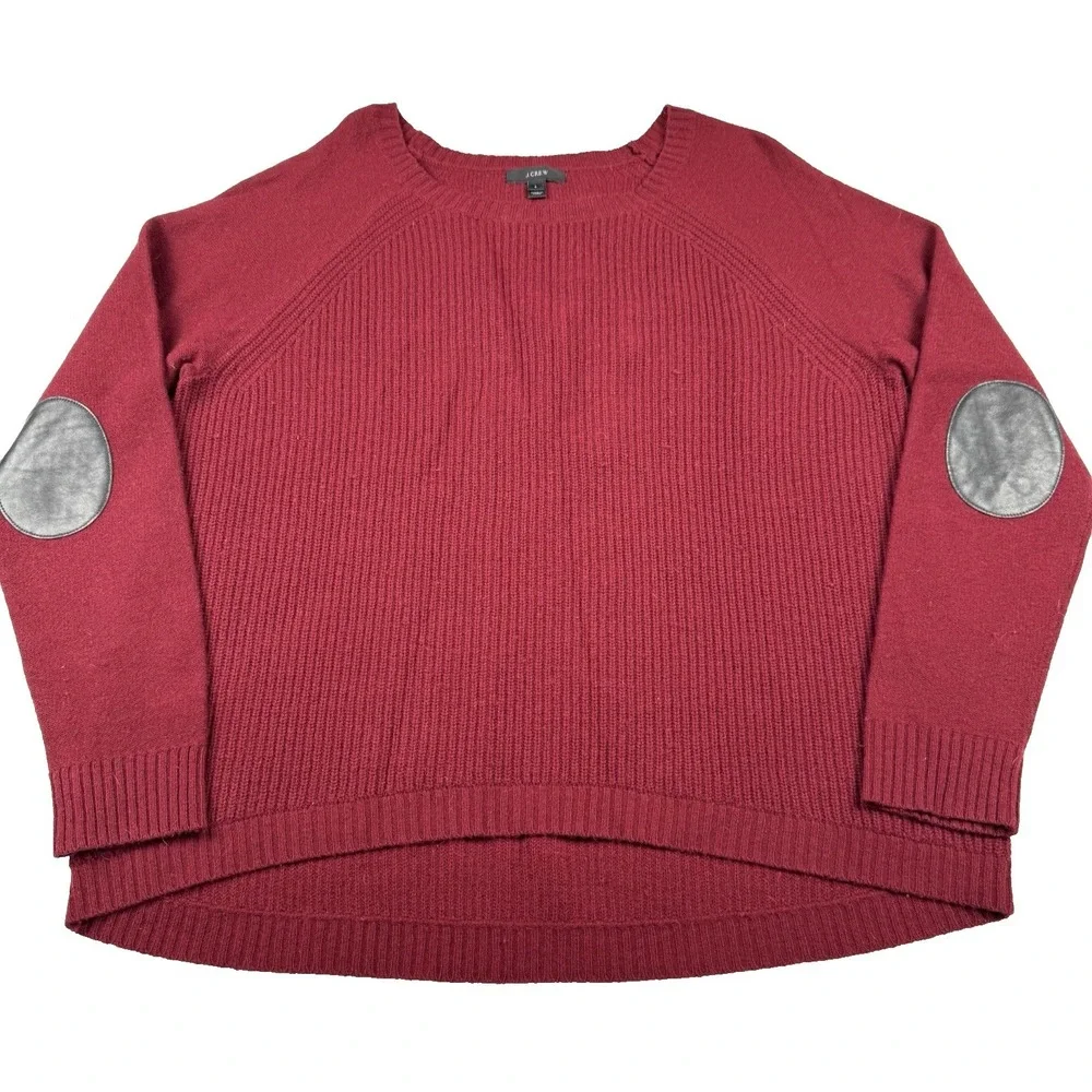 J. Crew 100% Wool Sweater Women's Size Large Leather Patches Relaxed Fit‎ Knit